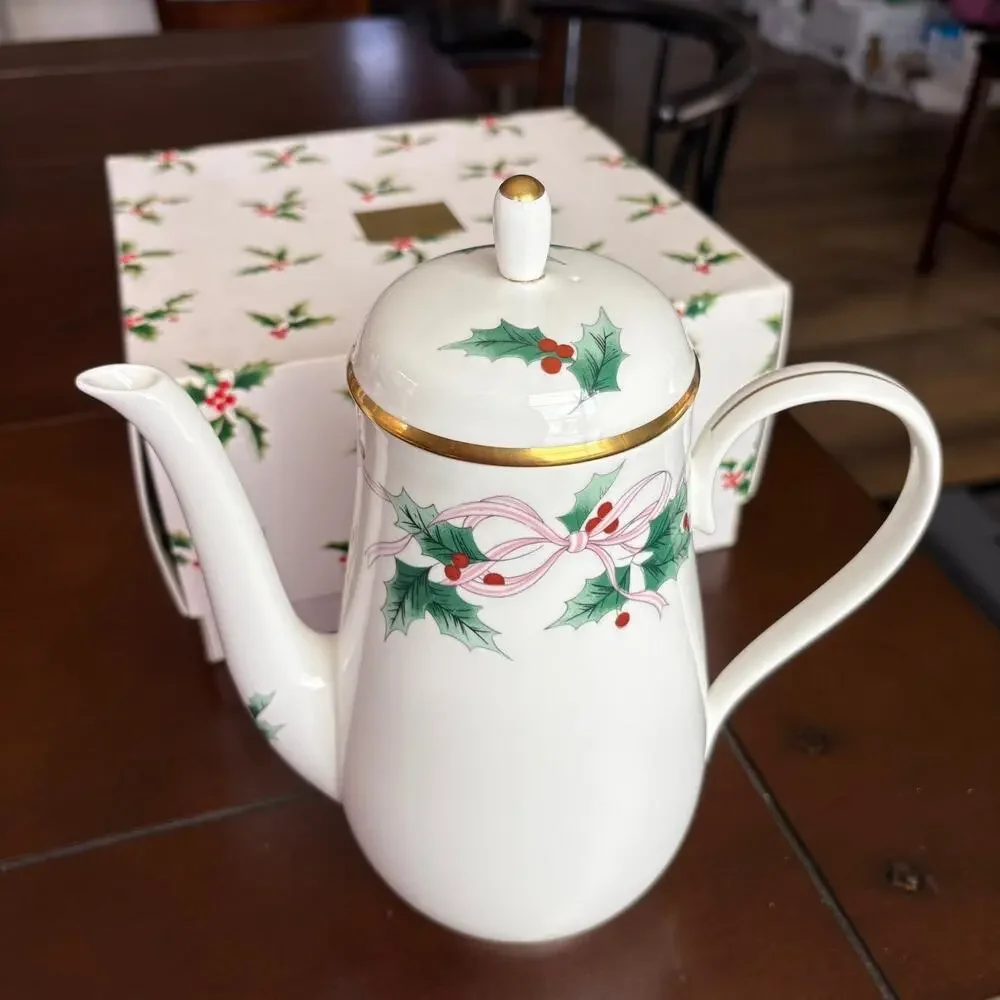 Mikasa Christmas Holly Ribbon Coffee Tea Pot w/ Lid Gold Trim 9.5” Holiday